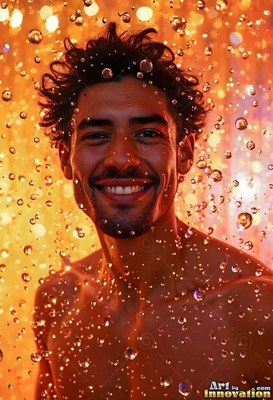A happy man stands in descending water droplets backlit by warm orange light