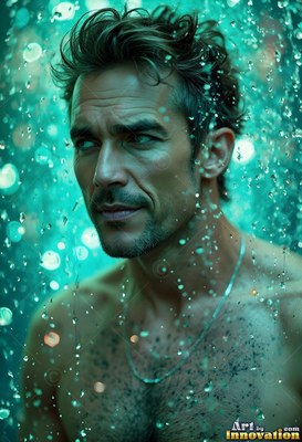Turned to the side, a bare-chested man stands in a green shower of rain