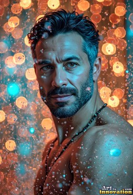 A shirtless man looking ahead in water coming down lit by warm orange spots
