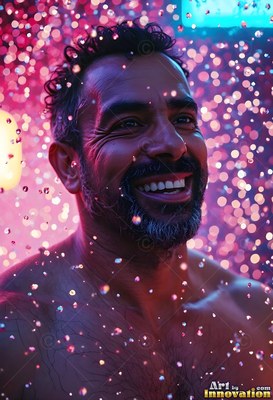 In a pink shower of sparkling drops, a shirtless man smiles