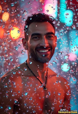 Smiling through splashing water, a bare-chested man stands in warm red light