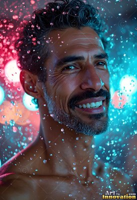 Smiling shirtless man looking aside in water drops under blue light