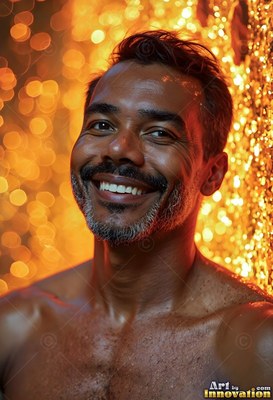 A smiling man with a graying beard stands in a shower of bright orange light droplets