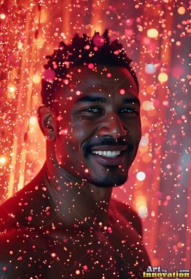 A smiling bare-chested man stands looking forward as red sparkles fall around him