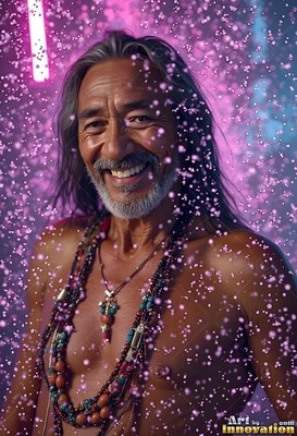 Smiling shirtless man facing forward under falling pink water drops