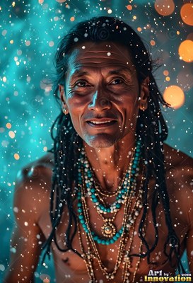 A smiling man in beaded necklaces stands shirtless in falling drops of teal light