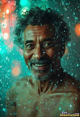 In turquoise light, a smiling bare-chested man standing in falling water droplets
