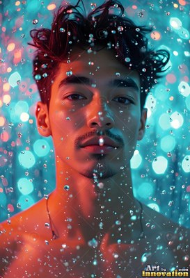 Looking forward in falling water, a shirtless man standing in teal and orange light