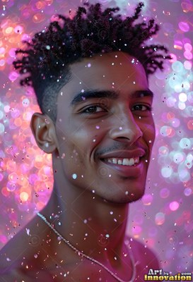 Smiling man in front of blurry pink and purple lights