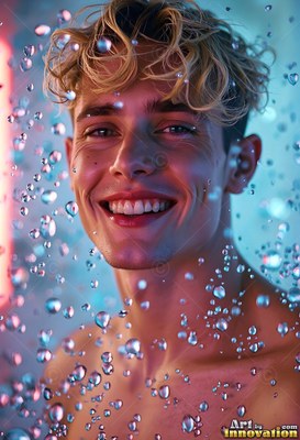 Wet blond curls fall over a man smiling's forehead as clear drops of water fall around him in cool blue light