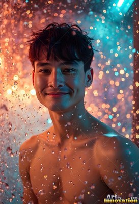 A shirtless man smiles in a shower under bright teal and orange light