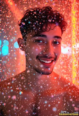 Facing forward in a shower, a happy man stands behind falling drops in orange light