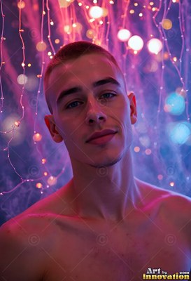 A shirtless young man smiles under hanging strings of pink and blue fairy lights