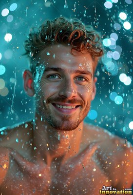 In a teal shower of water droplets, a smiling shirtless man gazes forward