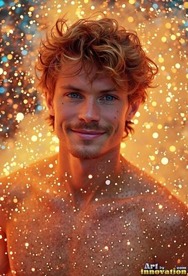 Smiling gently, a shirtless blond man stands in bright golden sparks of light