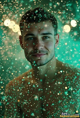 A smiling shirtless man in falling water with teal light