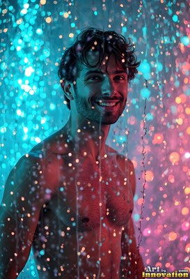 Dark curls fall across the forehead of a smiling shirtless man in sparkling rain and neon lights