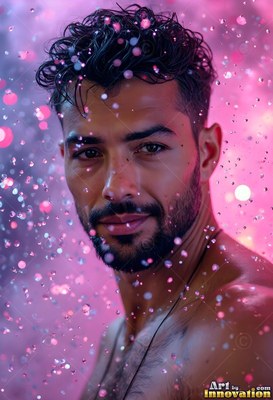 A bearded man smiles slightly as bright water drops fall around him in pink light