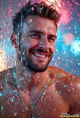 Smiling head tilted in the shower, a bare-chested man in blue light