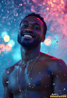 A smiling shirtless man stands in water falling down drops under blue and pink light