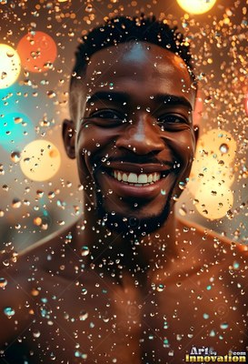 In warm golden light, a smiling bare-chested man stands behind falling raindrops