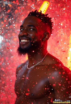 Smiling shirtless in red light, a bearded man stands in water coming down droplets