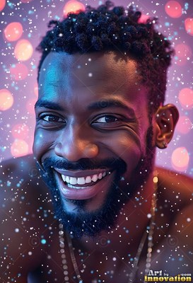Smiling bearded Black man in falling glitter and pink light