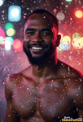 Smiling with a short beard, a bare-chested man stands in rain lit by blurry red and yellow city lights