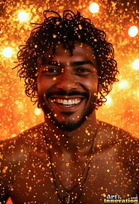A man smiles warmly as yellow drops of light fall through the deep orange background