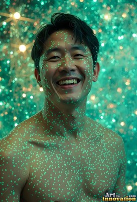 Facing forward, a smiling bare-chested man stands in speckled teal light