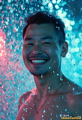 A smiling bare-chested man stands in descending water lit with pink and blue