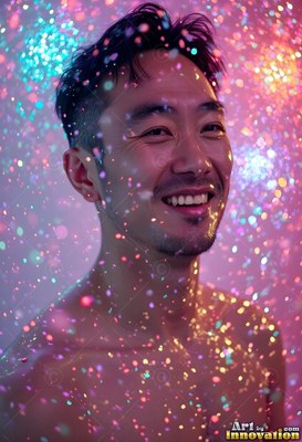 In bright pink light, a shirtless smiling man stands under falling drops of water