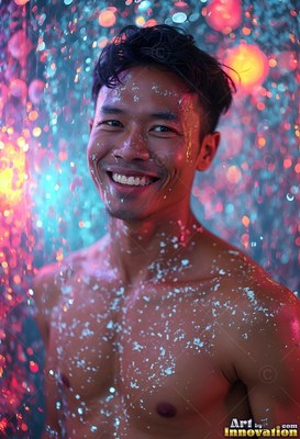 Smiling in water coming down, a man without a shirt stands in pink and blue light