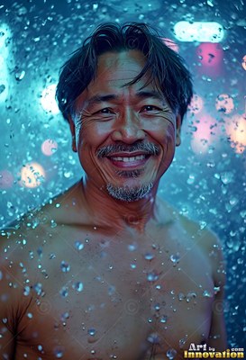 Shirtless man with a smile with wet hair surrounded by droplets of water in blue light