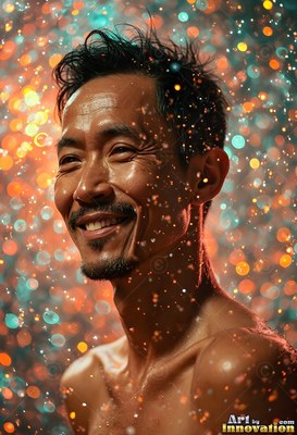 A trimmed dark beard on a happy man without a shirt standing in a spray of orange droplets