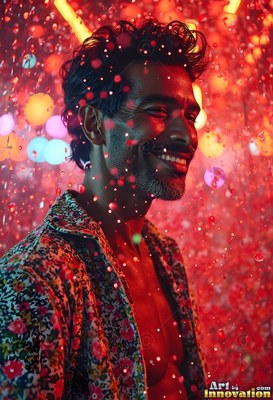 A smiling man in an open patterned shirt stands in descending water lit in deep red