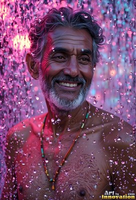 Turned slightly, a smiling older man stands in falling pink water drops