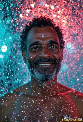 A smiling bare-chested man stands in water coming down lit by teal and red light