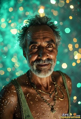 In a spray of turquoise bokeh, a smiling older man with wet skin looks ahead