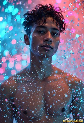 Standing in falling water, a shirtless young man stares ahead in pink and blue light