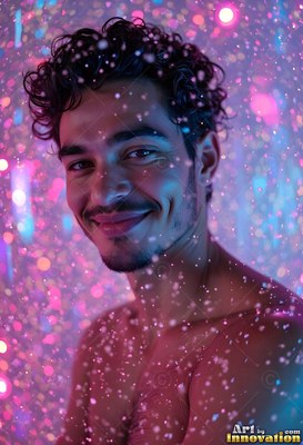 Smiling shirtless man with drops of water in pink and blue light