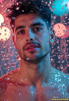 Dark wavy hair frames a bare-chested man looking forward under falling water droplets in blue and pink light