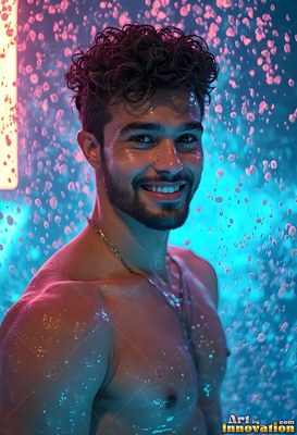 A bare-chested man smiling stands in cascading water lit by cyan and pink light