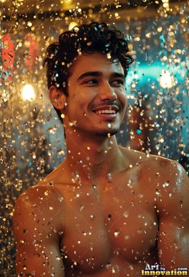 Turned slightly, a shirtless man smiles under descending water droplets in blue light