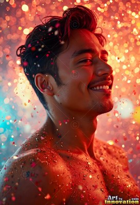 A smiling bare-chested man standing in warm red light with sparkling droplets on his skin
