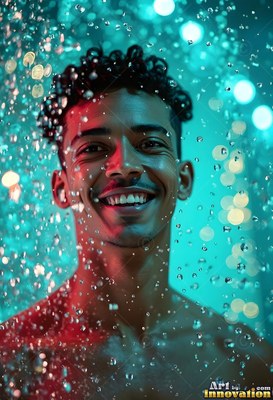 Smiling in the spray, a shirtless man stands in cascading water lit in teal