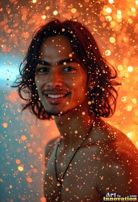 Smiling man without a shirt in bright orange and blue light drops