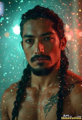 Long dark braids rest on the bare chest of a man surrounded by floating green and red lights