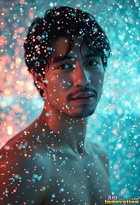 A shirtless man standing facing forward as bright water droplets sparkle against cool teal light