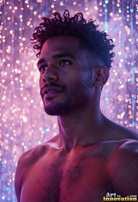 Turned to the side, a shirtless man standing in purple light behind raindrops